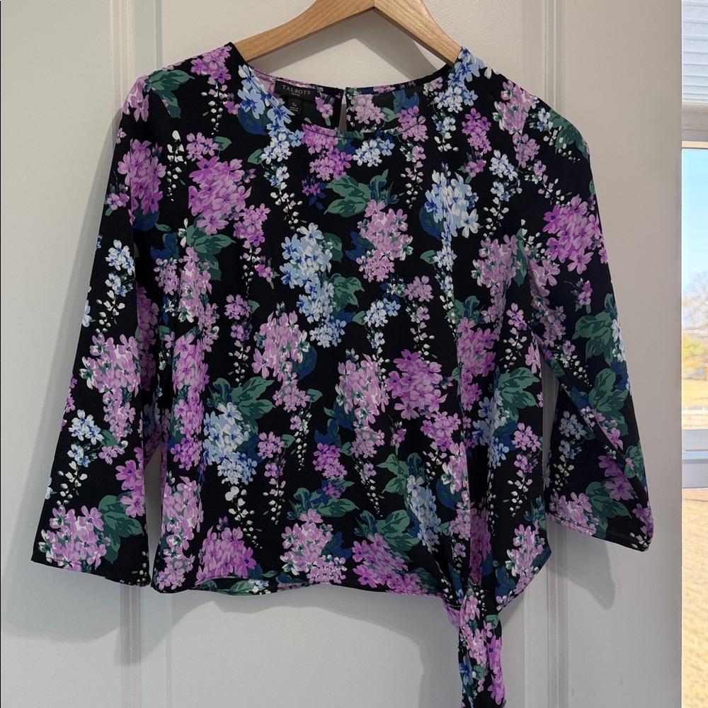 Talbots Black Floral Tie-Front Blouse